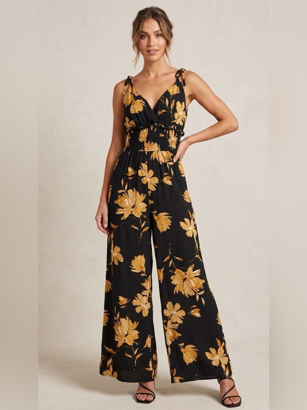 Patrons of Peace Floral Tie-Shoulder Wide-Leg Jumpsuit in Black size large